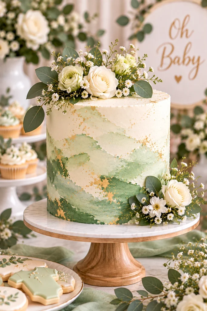 Sage green watercolor baby shower cake with delicate botanical details