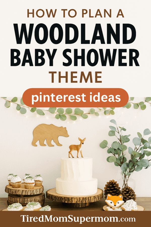 Woodland baby shower dessert table with a white tiered cake topped with a deer figurine, rustic wood accents, pinecones, and forest animal cookies, styled with greenery and twinkle lights under a banner that reads 'How to Plan a Woodland Baby Shower Theme – Pinterest Ideas'.