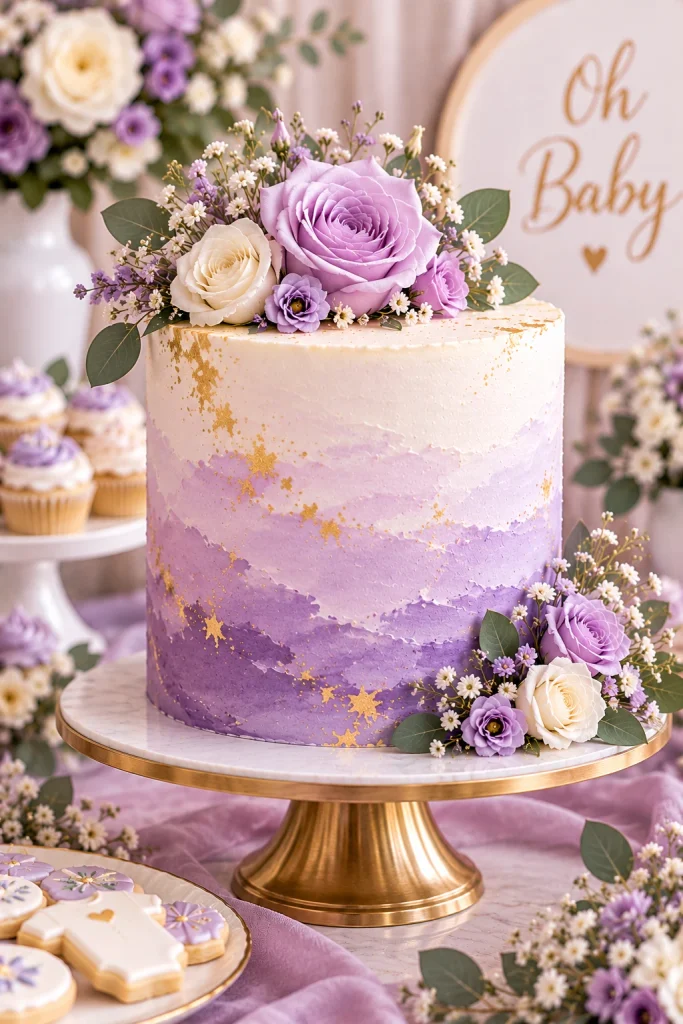 Lavender ombré baby shower cake with delicate purple flowers