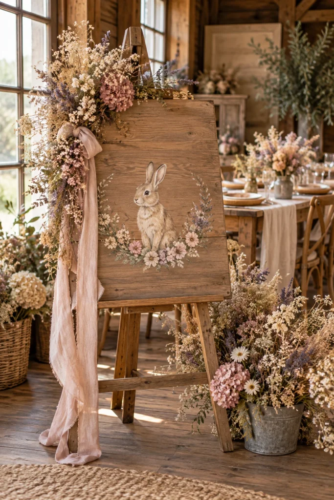 Wooden welcome sign surrounded by dried lavender and pink wildflowers