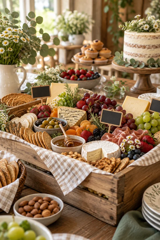 Wooden crate charcuterie board filled with cheese, crackers, grapes, and berries