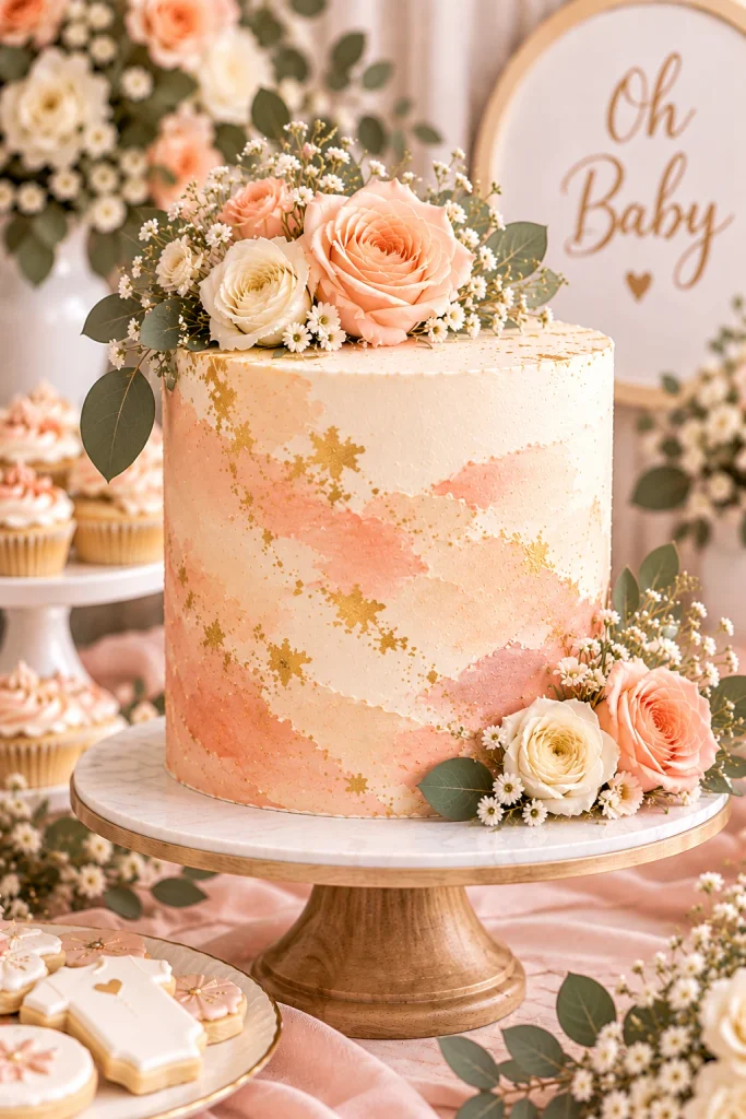 Soft peach watercolor baby shower cake on a peach and cream dessert table