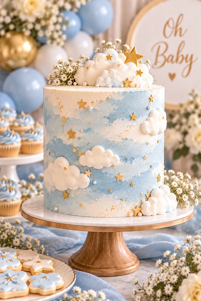 Pale blue watercolor baby shower cake decorated with clouds and gold stars