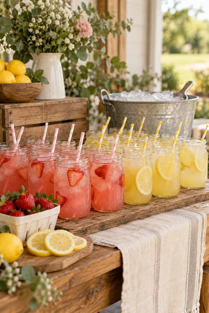 Mason jar lemonade bar with pink and yellow lemonade and striped straws