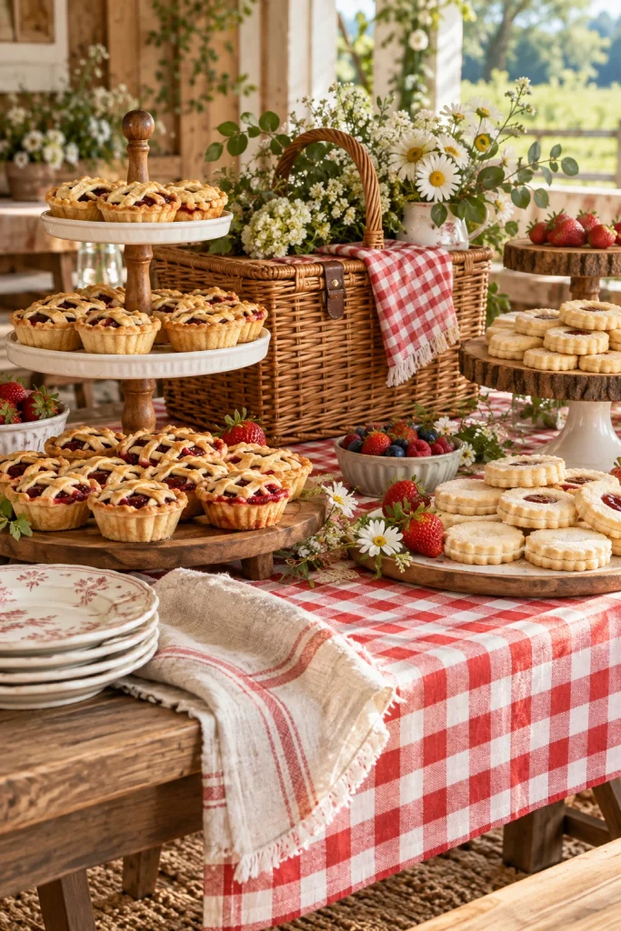 Red and white gingham dessert table with tiered pie stands and a picnic basket