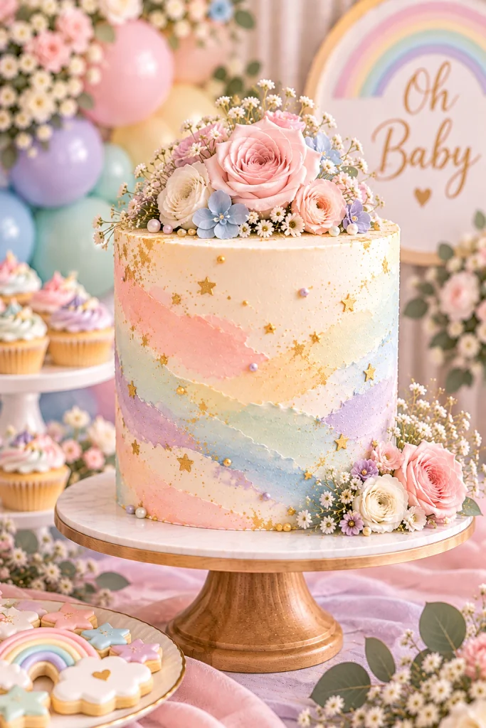 Pastel rainbow watercolor baby shower cake