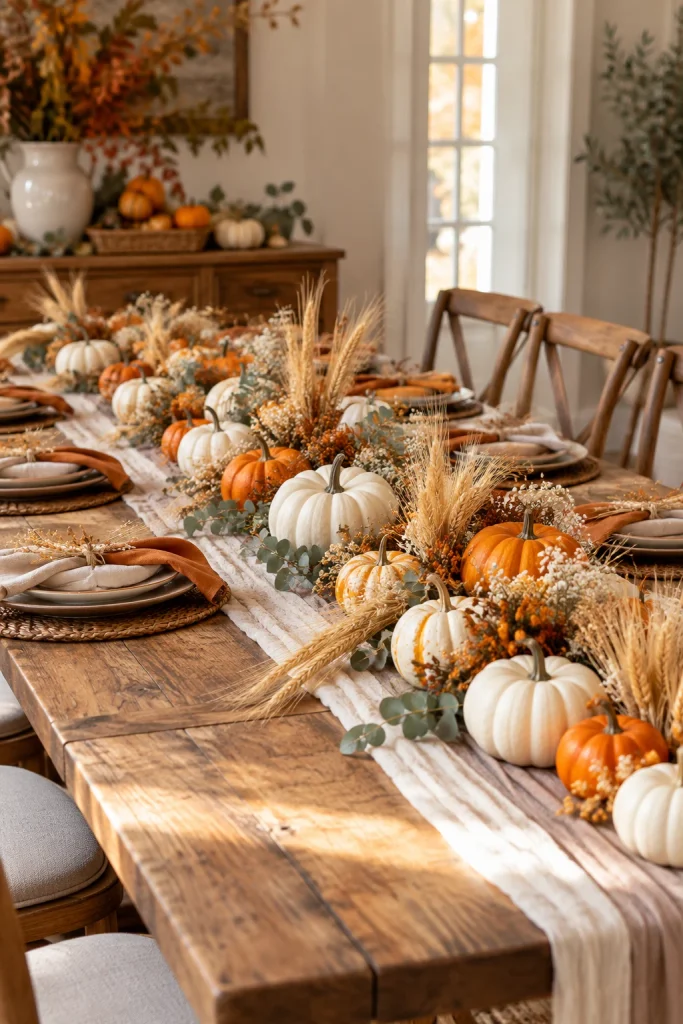 Table lined with mini pumpkins, dried wheat, and amber taper candles for a fall baby shower