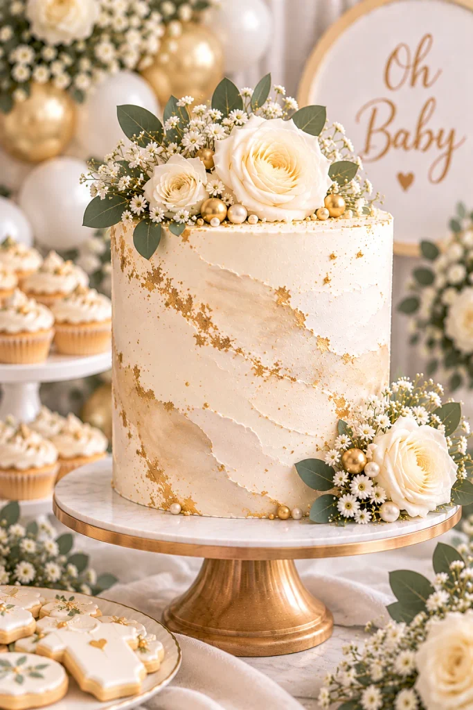 Ivory and gold watercolor baby shower cake with metallic brushstrokes