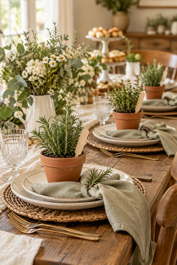 Terra cotta herb pots used as place settings with wooden plant marker name tags