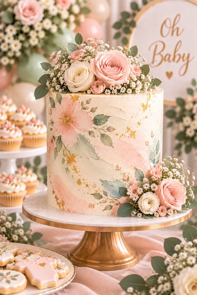 Hand-painted watercolor floral baby shower cake with pink and lavender flowers