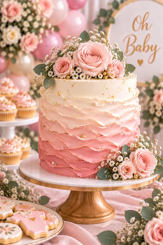 Pink ombré ruffle baby shower cake with buttercream texture