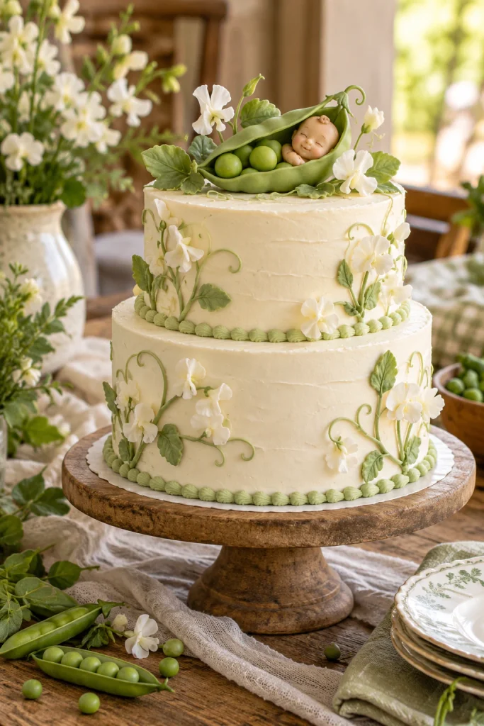 White and green baby shower cake shaped like a pea pod with a fondant baby inside