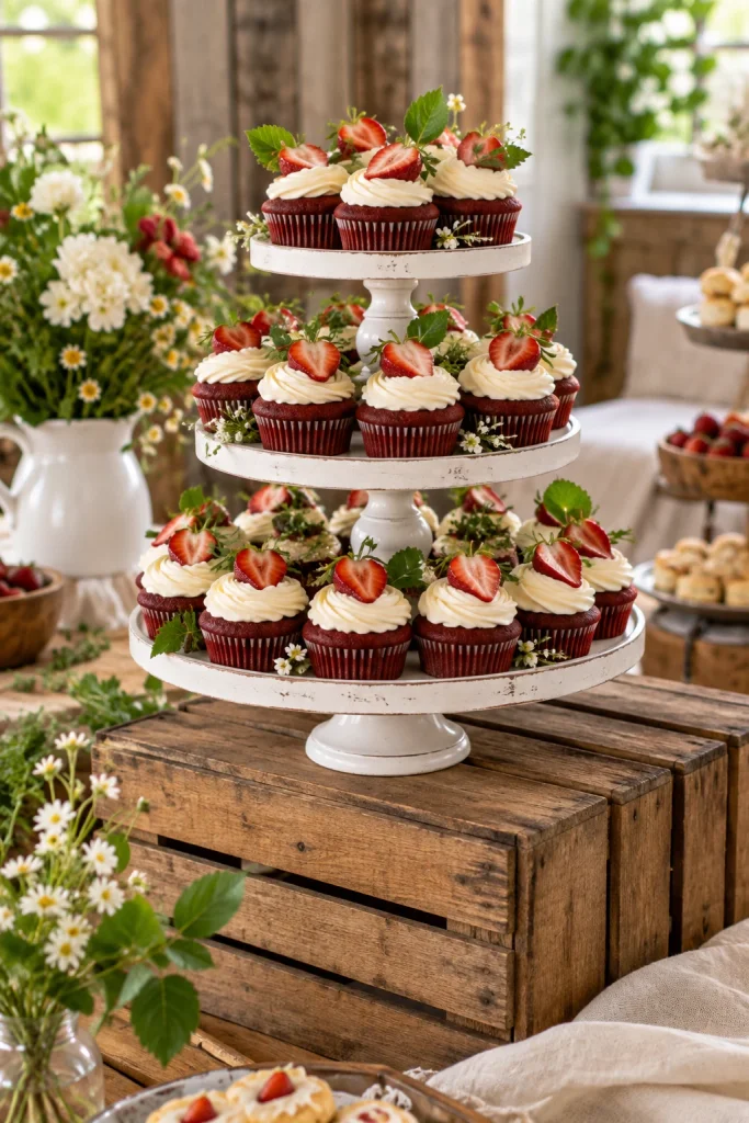 Red velvet cupcakes topped with fresh strawberries on a wooden crate cupcake tower