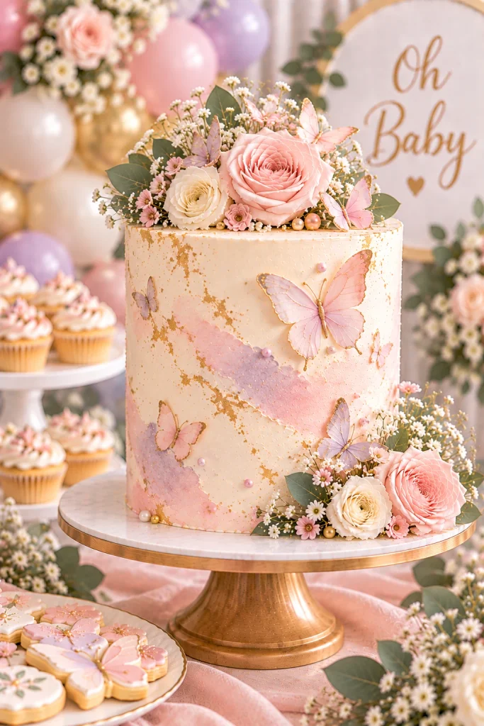 Pastel watercolor baby shower cake decorated with delicate butterflies