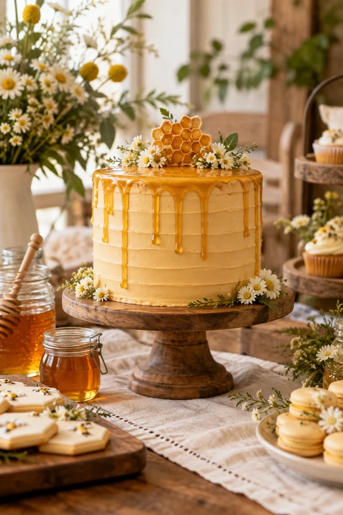 Amber honey drip cake topped with a beeswax honeycomb cake topper