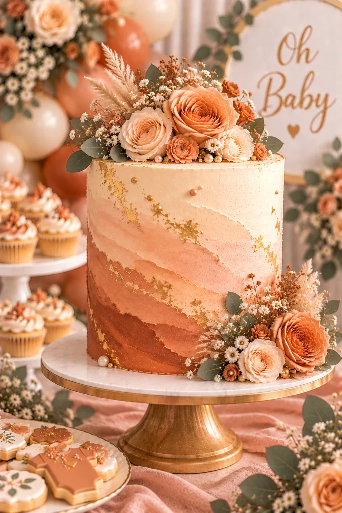 Terracotta and peach watercolor baby shower cake with boho styling