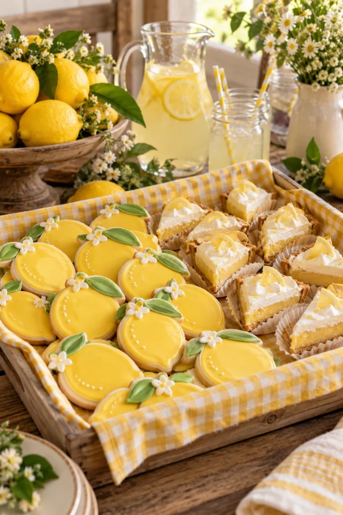 Lemon shaped sugar cookies and mini pie slices on a yellow gingham dessert tray