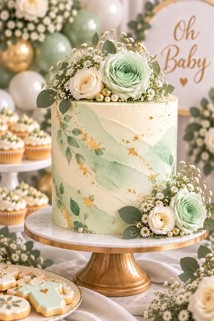 Mint green watercolor baby shower cake with white floral details