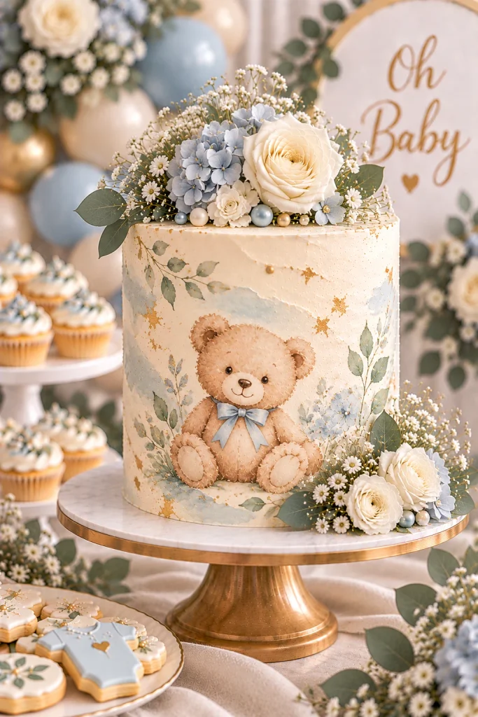 Beige and blue watercolor baby shower cake with a teddy bear topper