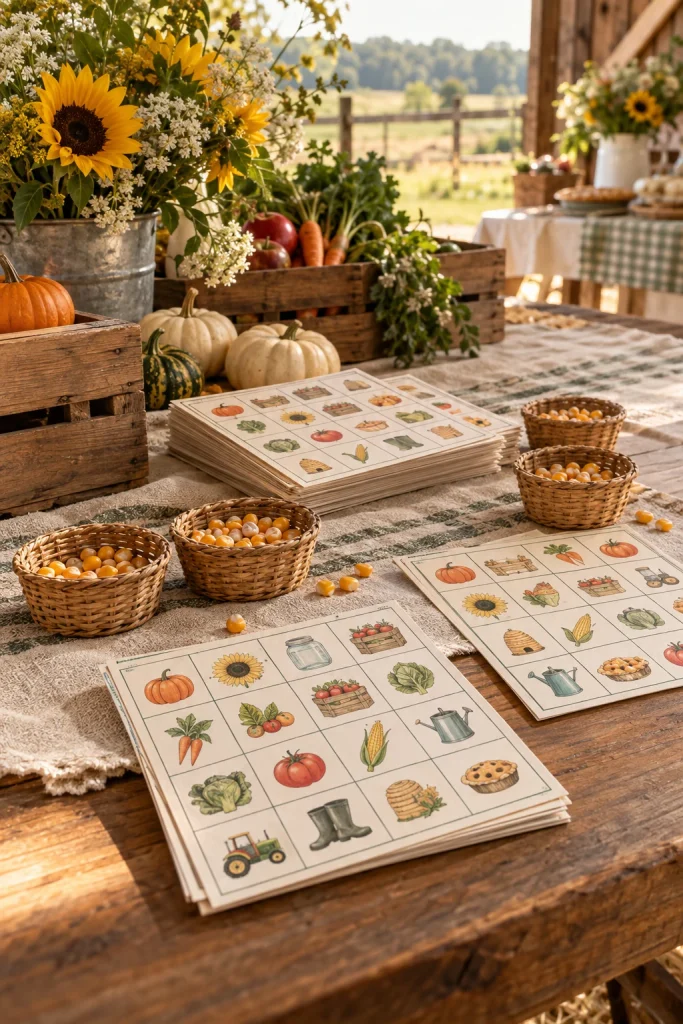 Farmers market themed bingo cards with sunflower and mason jar icons