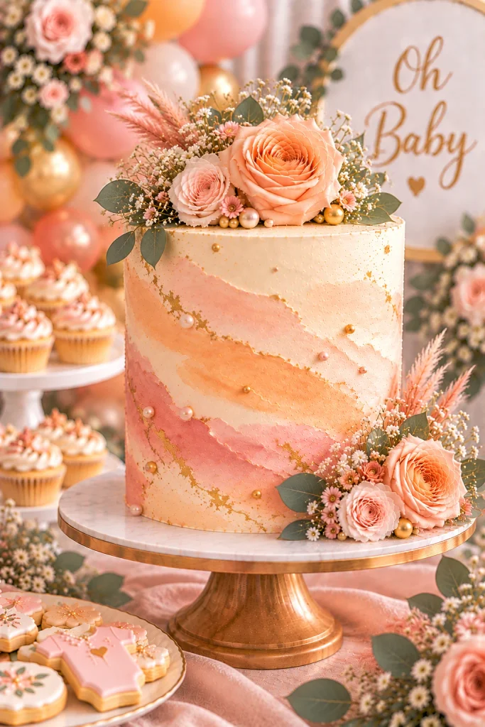 Peach, pink and lavender sunset watercolor baby shower cake