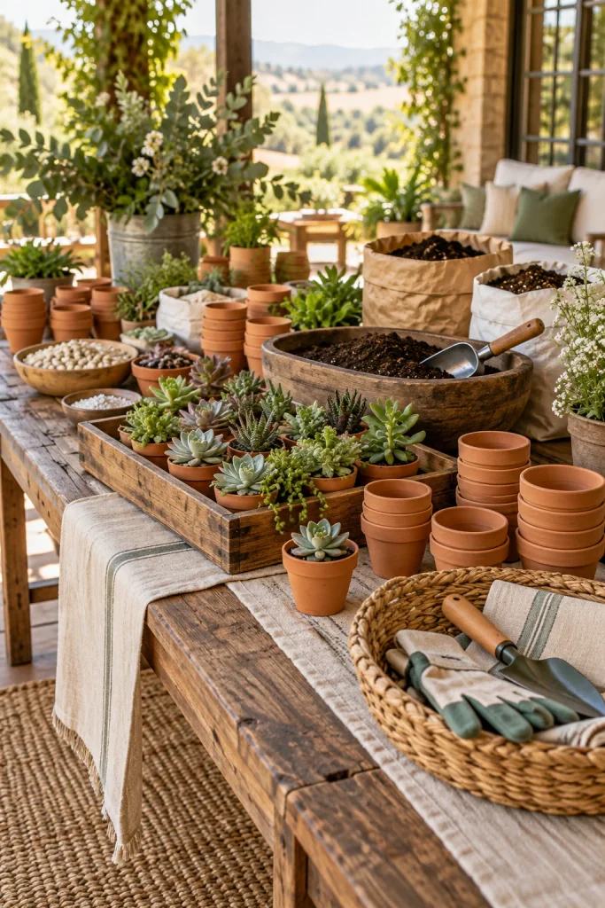 DIY succulent potting station with terra cotta pots and soil for baby shower guests