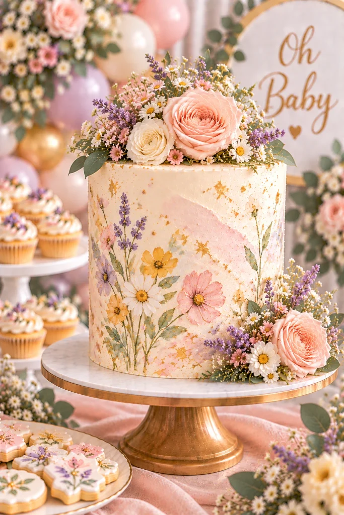 Watercolor wildflower baby shower cake with delicate painted flowers