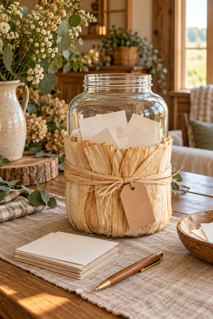 Glass jar wrapped in corn husk labeled Corny Predictions for baby shower advice cards