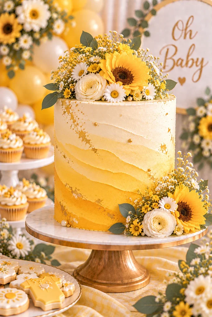 Soft yellow ombré baby shower cake with sunshine details