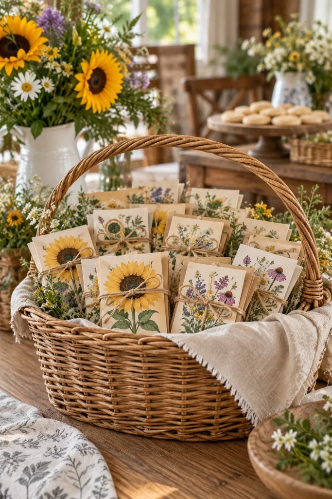 Seed packet party favors labeled Watch Me Grow tied with twine