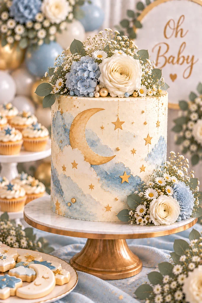Lavender and blue watercolor moon and stars baby shower cake