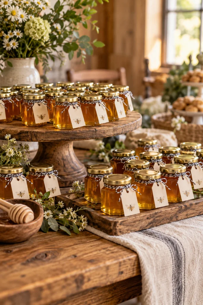 Mini honey jar baby shower favors with Bee-lieve gift tags