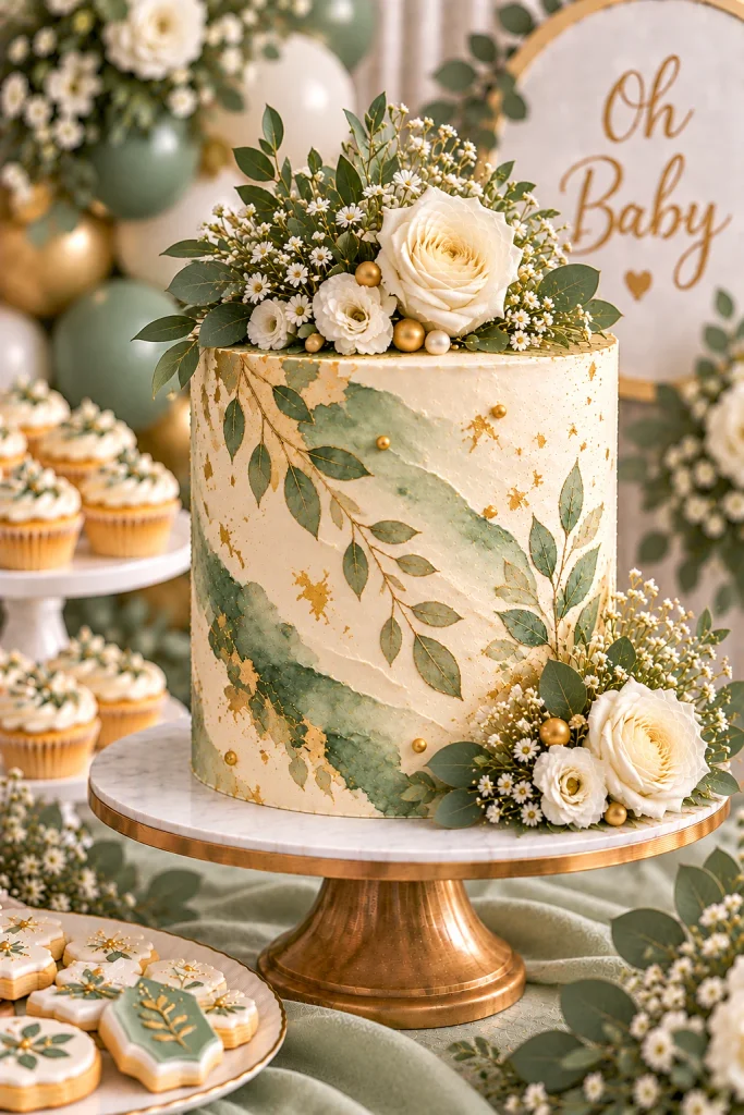 Green watercolor botanical baby shower cake with gold accents