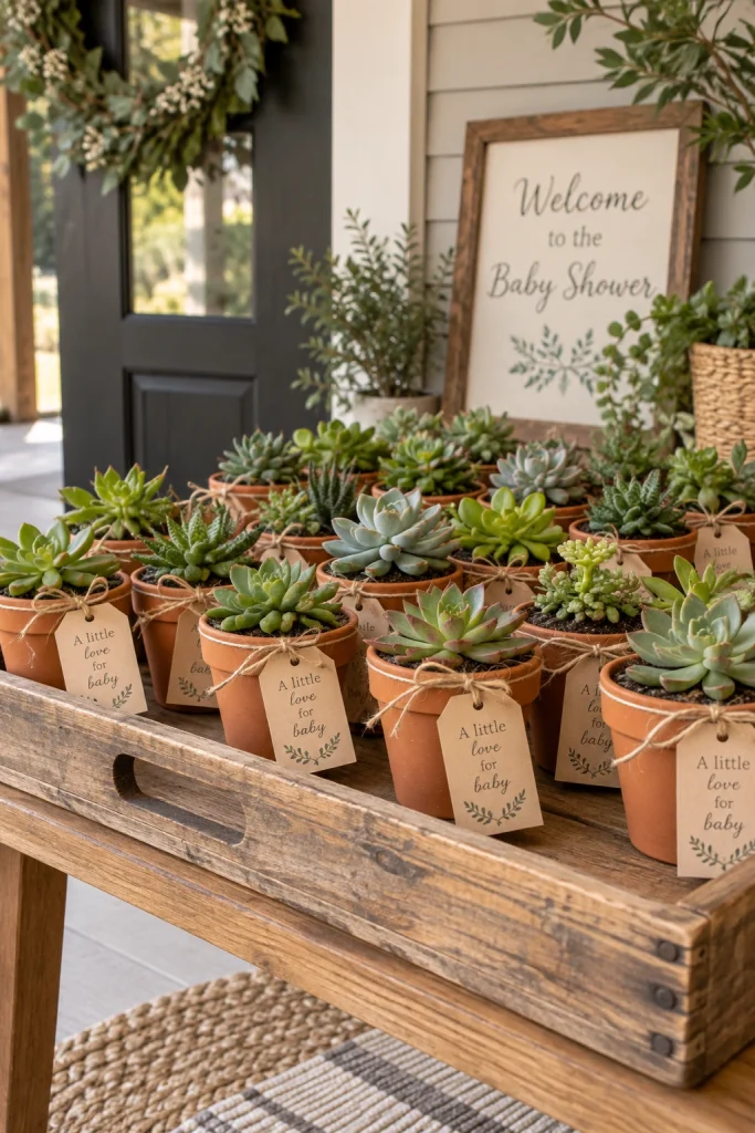 Mini succulent favors in terra cotta pots for baby shower guests to take home