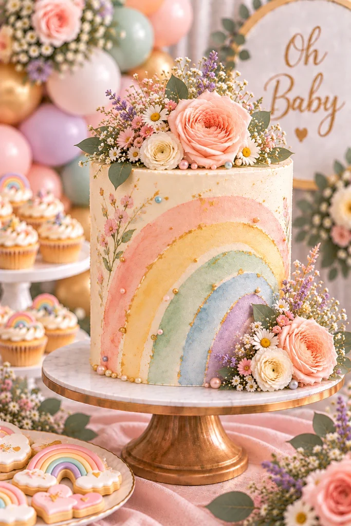 Neutral watercolor rainbow arch baby shower cake in peach, sage and cream