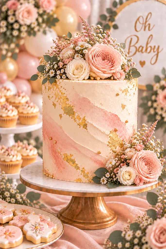 Blush watercolor baby shower cake with edible gold leaf accents