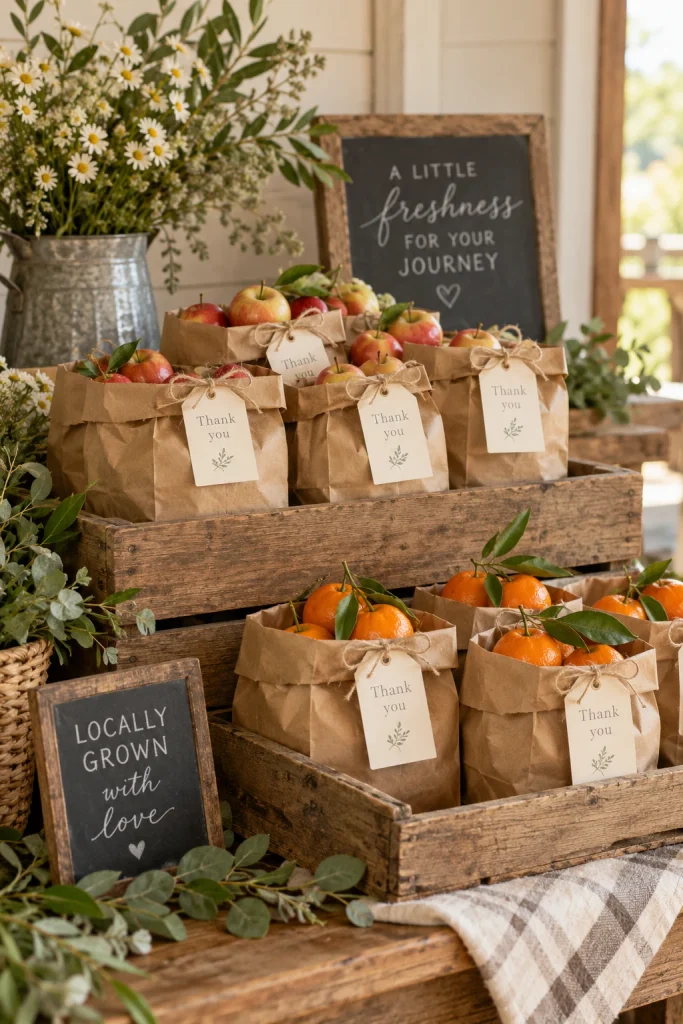 Kraft paper produce bags filled with mini apples as farm stand baby shower favors