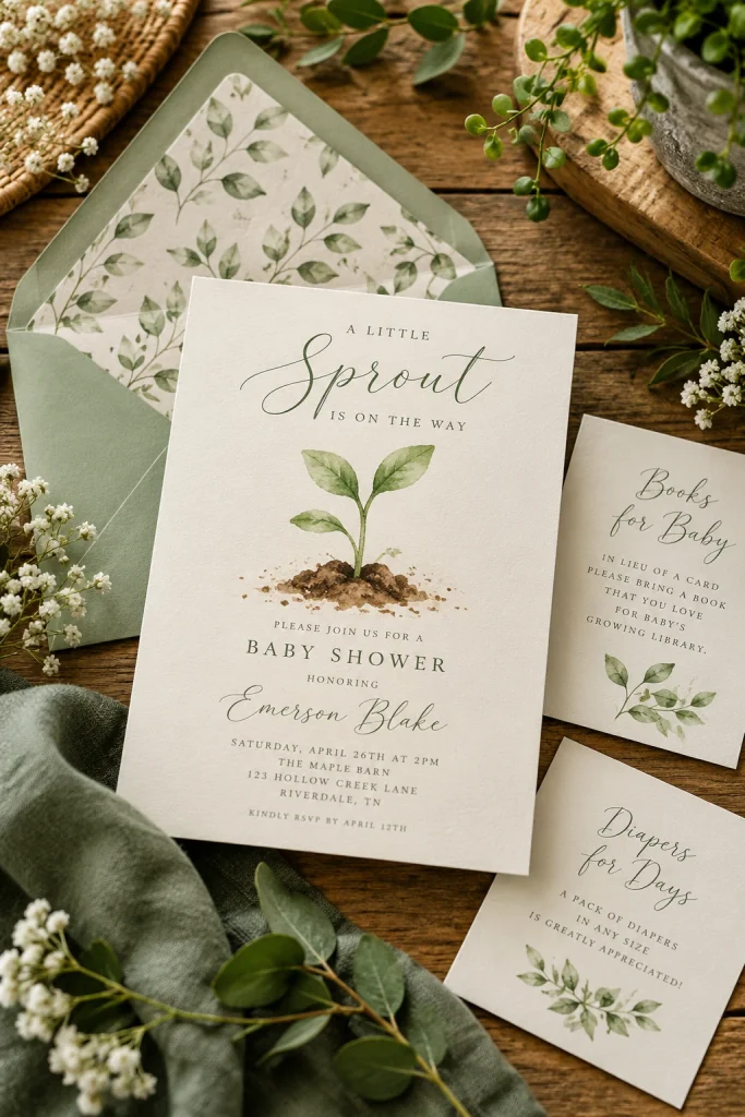 Watercolor sprout baby shower invitation in sage green and cream