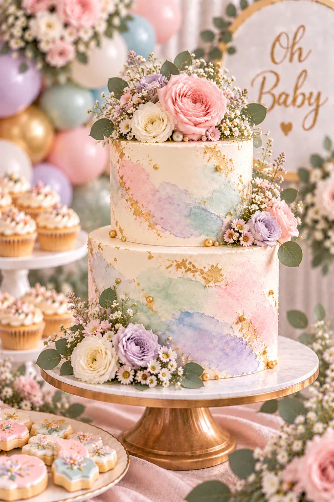 Two-tier pastel watercolor baby shower cake on a dessert table