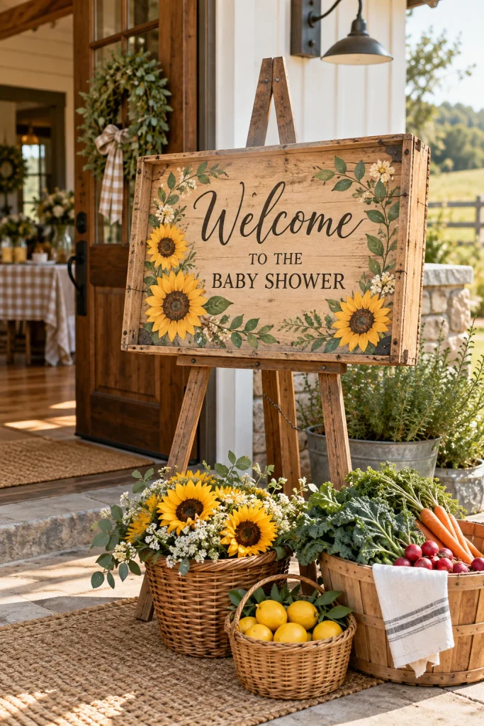 Wooden produce crate hand painted as a baby shower welcome sign