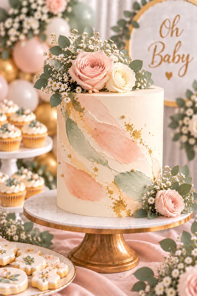 Minimalist white baby shower cake with pastel watercolor brushstrokes