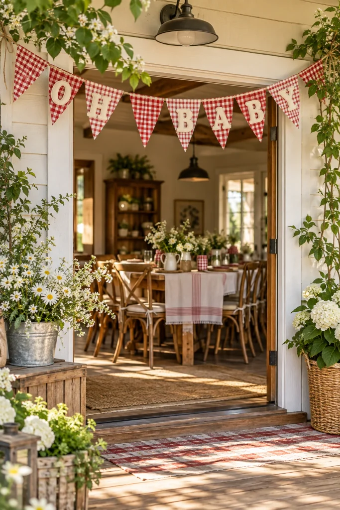 Red and white gingham fabric bunting spelling Oh Baby above a doorway