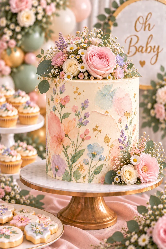 Pastel watercolor garden baby shower cake with sugar flowers and butterflies