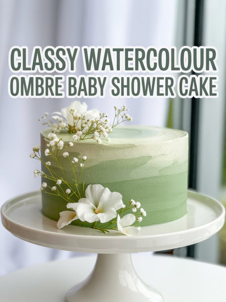 Green watercolour ombre baby shower cake with soft painted gradients, decorated with white fresh flowers and baby’s breath on a white pedestal stand near natural window light.