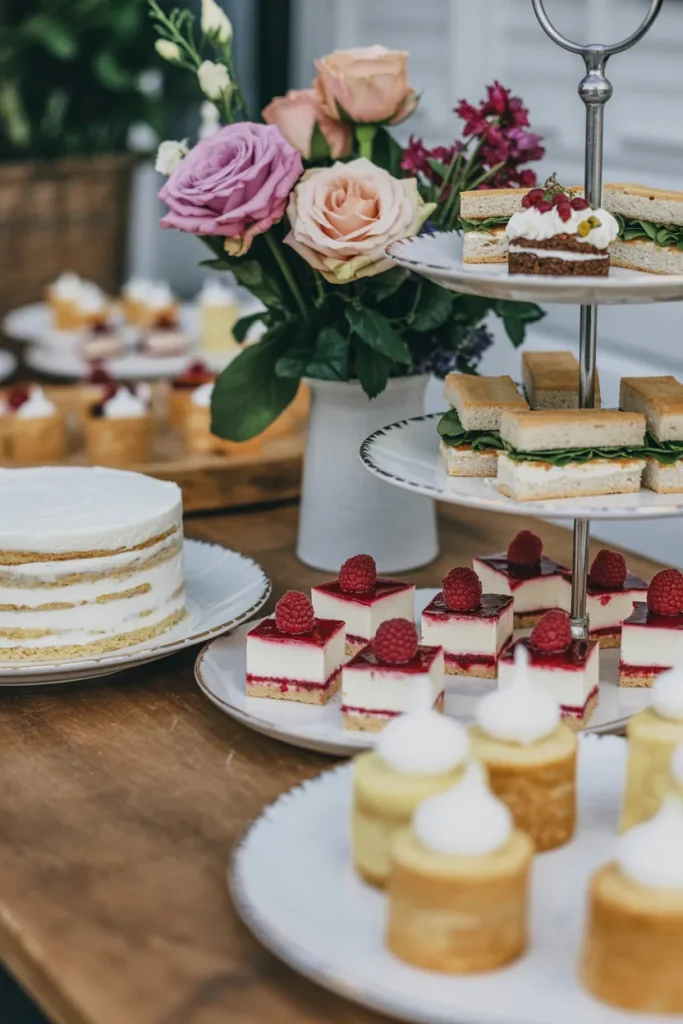 Elegant baby shower dessert buffet with pastries, fruit tarts, floral arrangements, and vintage-inspired décor
