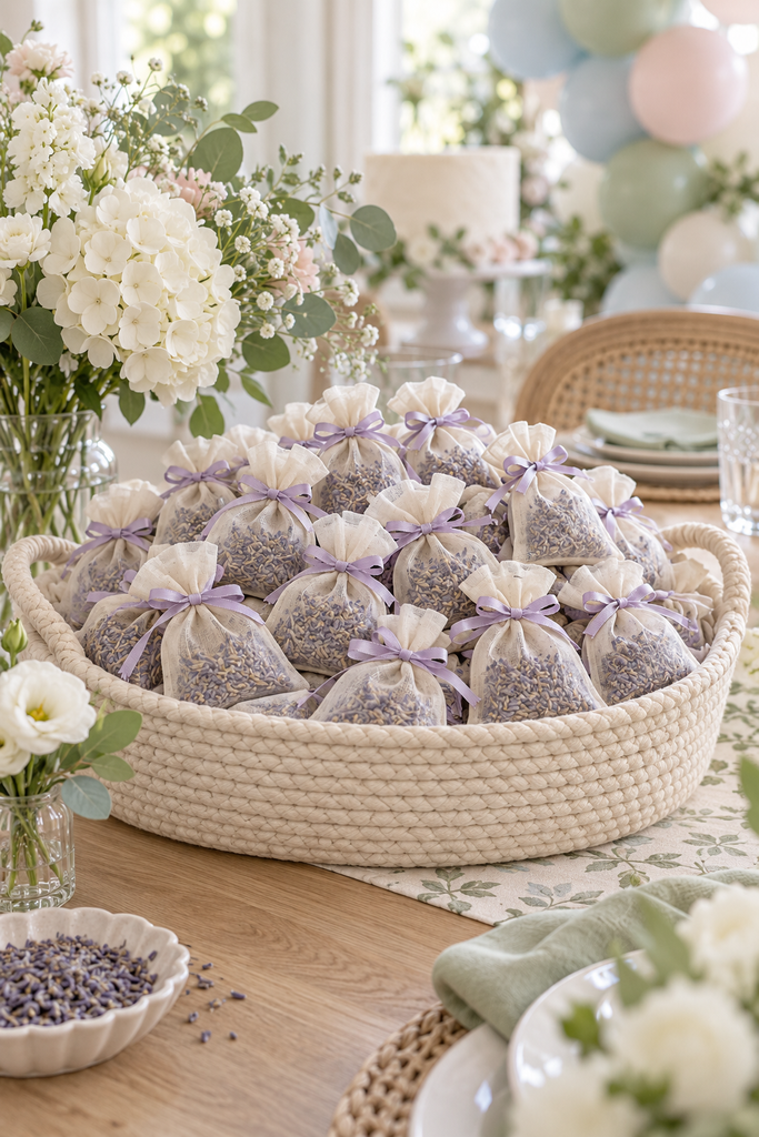 Baby shower favor idea: Muslin bags of dried lavender tied with lilac ribbon