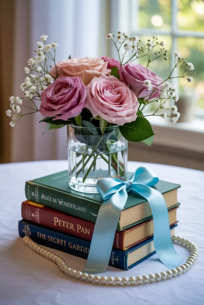 Stack of classic children's books with blush roses and pearls as a storybook baby shower centerpiece
