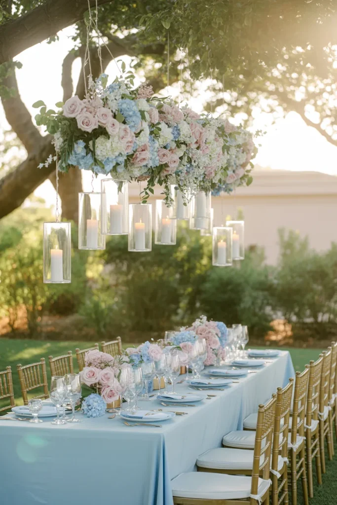 Outdoor storybook baby shower tablescape with pastel flowers, candlelight, and elegant garden seating