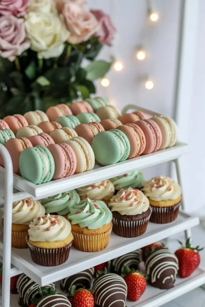 Pastel dessert table with cupcakes, macarons, chocolate strawberries, and cake stands for a baby shower