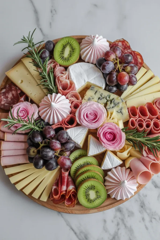 Charcuterie board with cheeses, fruit, salami roses, and fresh flowers for a baby shower brunch